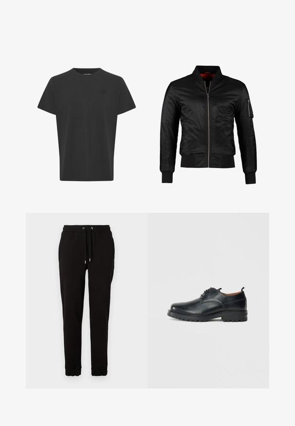Chaqueta bomber negra hecha de nylon brillante con cierre frontal, puños acanalados y un bolsillo con cremallera en la manga izquierda. El interior es de un rojo brillante.; Camiseta negra de manga corta en tejido de algodón. Presenta un cuello redondo y un pequeño logo en la esquina superior izquierda, con una textura suave.; Pantalones de chándal negros, confeccionados en una tela suave, con cinturilla elástica y cordones, bolsillos laterales y puños ajustados en los tobillos.; Zapatos derby de cuero negro con una textura suave, punta redondeada, diseño de cordones y una suela de goma gruesa y resistente.