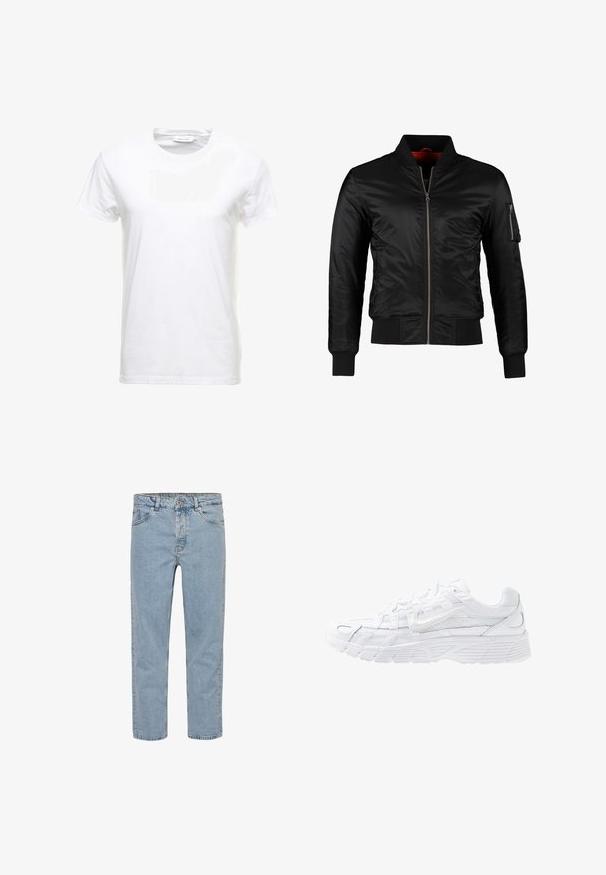Veste bomber noire en nylon brillant avec une fermeture éclair à l'avant, des poignets côtelés et une poche zippée sur la manche gauche. L'intérieur est de couleur rouge vif.; T-shirt en coton blanc à manches courtes, design col rond et texture lisse. Étiquette visible au niveau du col. Style simple et classique.; Jean en denim bleu clair à coupe droite, cinq poches, passants de ceinture et braguette à boutons, présenté sur fond blanc uni.; Nike Sportswear P 6000 - Baskets basses - white/platinum tint