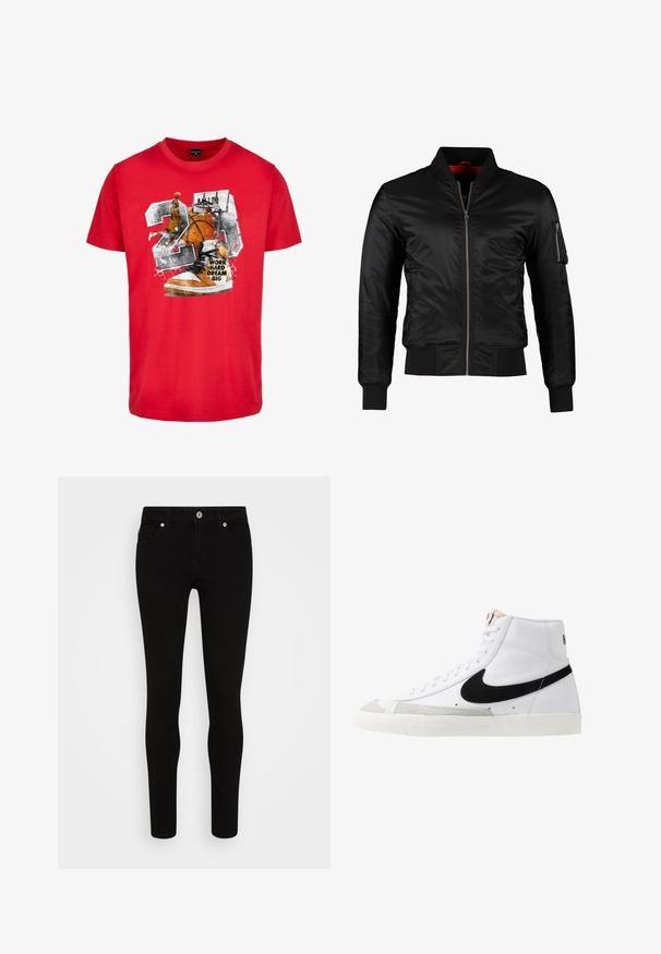 Chaqueta bomber negra hecha de nylon brillante con cierre frontal, puños acanalados y un bolsillo con cremallera en la manga izquierda. El interior es de un rojo brillante.; Camiseta de algodón roja con un gráfico que presenta un balón de baloncesto, una zapatilla y el texto "TRABAJA DURO SUEÑA EN GRANDE". El diseño incluye acentos en negro y naranja.; Jeans ajustados negros con una textura suave, diseño de cinco bolsillos, cierre frontal con botón y silueta elegante. Estilo minimalista sin patrones visibles.; Zapatillas altas blancas con un swoosh negro, una puntera texturizada en gris y suela plana blanca. Presenta seis ojales y acentos cosidos.