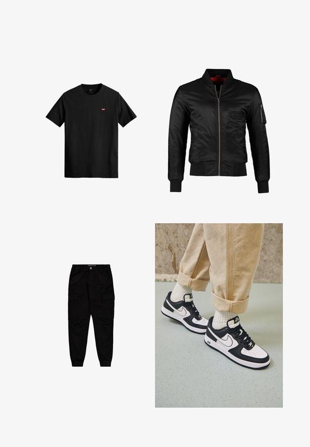 Veste bomber noire en nylon brillant avec une fermeture éclair à l'avant, des poignets côtelés et une poche zippée sur la manche gauche. L'intérieur est de couleur rouge vif.; T-shirt en coton noir avec un col rond, des manches courtes et un petit logo rouge Levi's sur la poitrine gauche. Design léger et simple.; Pantalons cargo noirs en coton, dotés de deux poches avant et de deux poches cargo sur les côtés, avec des poignets et une taille élastiqués.; Baskets Nike Air Force 1 en noir et blanc avec un dessus en cuir, orteil perforé et détail de semelle texturée, portées avec un pantalon beige retroussé et des chaussettes blanches.