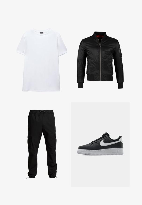 Sort bomberjakke lavet af skinnende nylon med frontlynlås, ribbede manchetter og en lynlåslomme på venstre ærme. Indersiden er lys rød.; Simpel hvid t-shirt med korte ærmer og rund halsudskæring med en sort Pull&Bear mærkat indeni kraven, vist på en hvid baggrund.; Sorte cargobukser lavet af slidstærkt stof, med elastisk talje, justerbare snore og sidelommer med klaplukninger.; Sort lædersneaker med tekstureret overflade, hvid Nike swoosh, grå sål, rund tå og snørebåndsdesign. Har perforeringer på tåboksen.