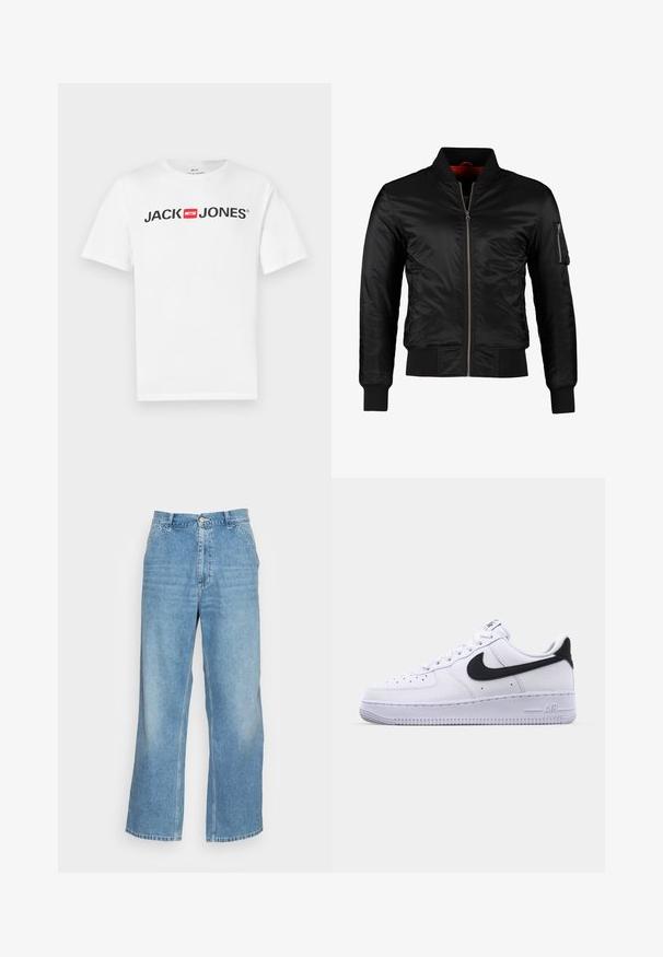 Zwarte bomberjack gemaakt van glanzend nylon met een ritssluiting aan de voorkant, ribgebreide manchetten en een ritszak op de linkermouw. De binnenkant is felrood.; Witte katoenen T-shirt met een groot zwart "JACK & JONES" logo en een rode doosaccent. Korte mouwen en een klassiek ronde halsontwerp.; Lichtblauwe wijde jeans gemaakt van denim. Heeft een hoge taille, knoopsluiting en een standaard vijf-pocket ontwerp. Gladde textuur.; Witte leren sneaker met een gestructureerde zwarte Swoosh, platte veters en een rubberen zool met een geribbeld patroon. "AIR" is in de hak geperst.