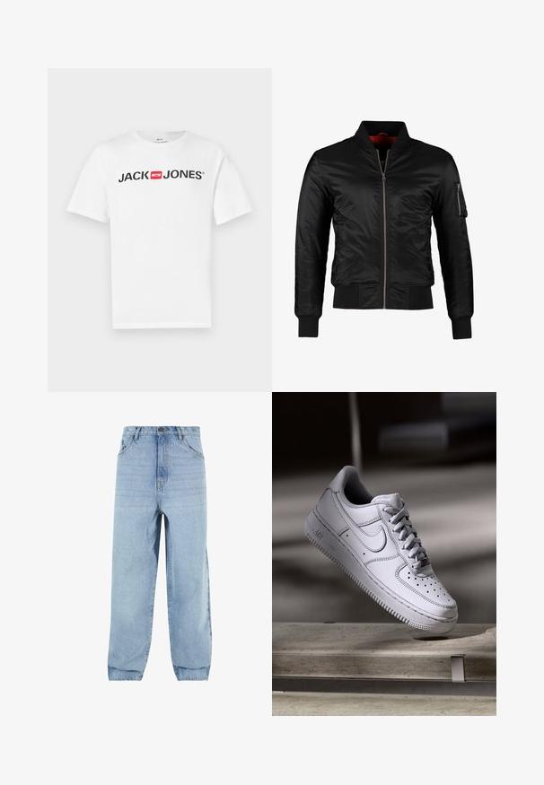 Zwarte bomberjack gemaakt van glanzend nylon met een ritssluiting aan de voorkant, ribgebreide manchetten en een ritszak op de linkermouw. De binnenkant is felrood.; Witte katoenen T-shirt met een groot zwart "JACK & JONES" logo en een rode doosaccent. Korte mouwen en een klassiek ronde halsontwerp.; Lichtblauwe denim jeans met een losse pasvorm, hoge taille en vijf zakken. Voorzien van riemlussen en een knoopsluiting. Glad textuur.; Witte Nike Air Force 1 sneaker van leer met geperforeerde neus, platte veters en een gestructureerde rubberen zool met "AIR"-logo aan de zijkant.