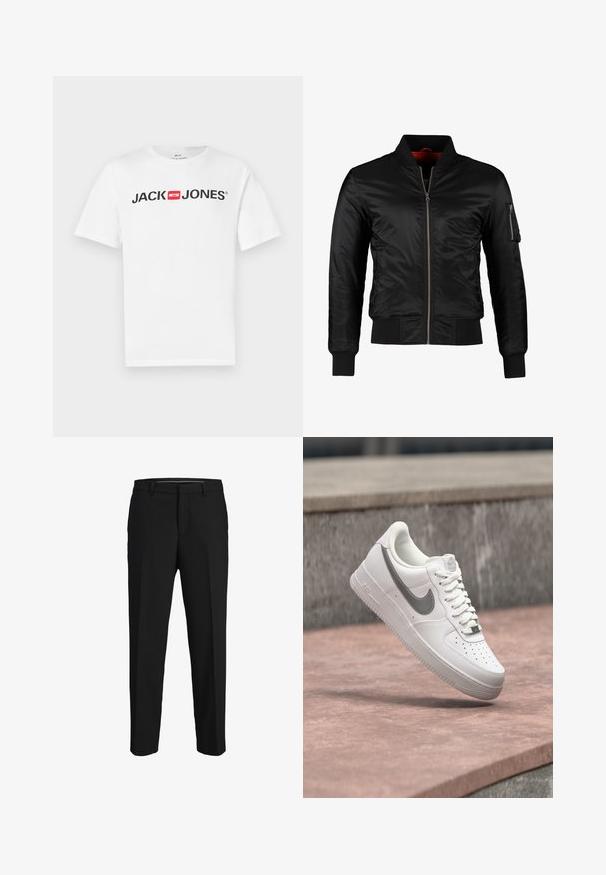 Sort bomberjakke lavet af skinnende nylon med frontlynlås, ribbede manchetter og en lynlåslomme på venstre ærme. Indersiden er lys rød.; Hvid bomulds-T-shirt med stort sort "JACK & JONES" logo med en rød boksdetalje. Korte ærmer og klassisk rund hals.; Sorte bukser lavet af glat stof, med lige snit, bæltestropper og et fladt frontdesign uden synlige mønstre eller pyntegenstande.; Hvid Nike Air Force 1 sneaker med gråt swoosh-logo svævende over en stensurface og en grå stenvæg i baggrunden.