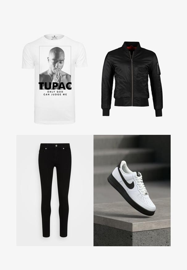 Veste bomber noire en nylon brillant avec une fermeture éclair à l'avant, des poignets côtelés et une poche zippée sur la manche gauche. L'intérieur est de couleur rouge vif.; T-shirt en coton blanc présentant un graphisme noir et blanc d'un homme joignant les mains en prière, avec le texte "TUPAC" et "SEUL DIEU PEUT ME JUGER."; Jean skinny noir avec une texture lisse, conception à cinq poches, fermeture à bouton sur le devant et silhouette épurée. Style minimaliste sans motifs visibles.; Baskets en cuir blanc avec accents noirs, bout arrondi et détails perforés. Semelle en caoutchouc noire avec motif texturé et fermeture à lacets.