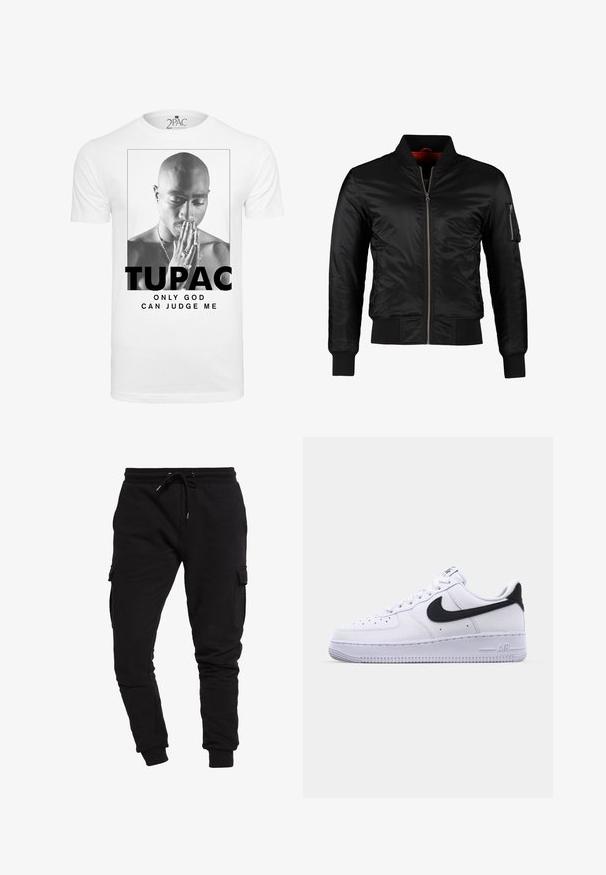 Sort bomberjakke lavet af skinnende nylon med frontlynlås, ribbede manchetter og en lynlåslomme på venstre ærme. Indersiden er lys rød.; Hvid bomulds t-shirt med en sort-hvid grafik af en mand, der holder hænderne sammen i bøn, med teksten "TUPAC" og "ONLY GOD CAN JUDGE ME."; Sorte bomuldsjoggers med en tapered fit, snoretræk i taljen og sidelommer. Glat tekstur og elastiske manchetter ved anklerne.; Hvide lædersneakers med en struktureret sort Swoosh, flade snørebånd og en gummisål med et rillemønster. "AIR" er præget på hælen.
