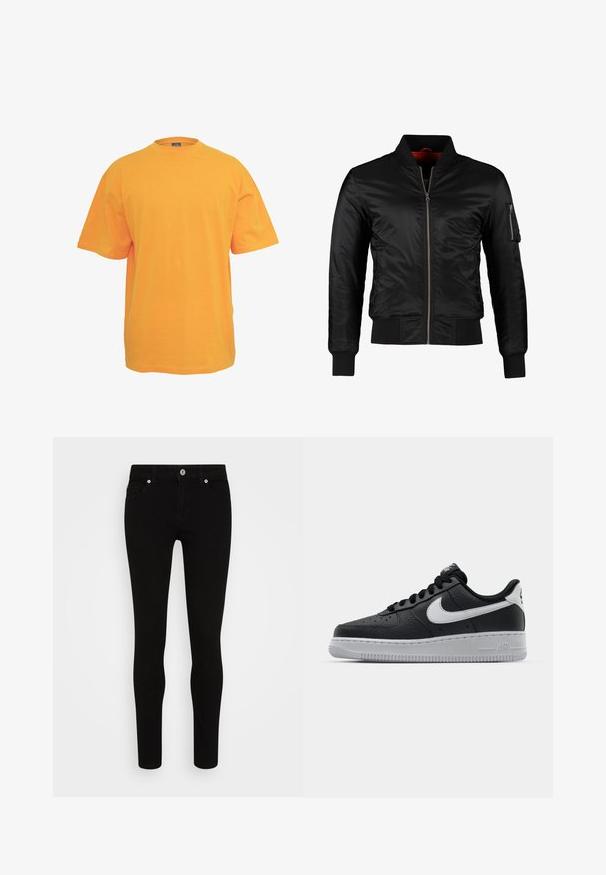 Sort bomberjakke lavet af skinnende nylon med frontlynlås, ribbede manchetter og en lynlåslomme på venstre ærme. Indersiden er lys rød.; Orange bomulds t-shirt med rund halsudskæring, korte ærmer og en afslappet pasform. Ingen mønstre eller detaljer. Glat tekstur.; Sorte skinny jeans med en glat tekstur, fem lommer, frontlukning med knap og en slank silhuet. Minimalistisk stil uden synlige mønstre.; Sort lædersneaker med tekstureret overflade, hvid Nike swoosh, grå sål, rund tå og snørebåndsdesign. Har perforeringer på tåboksen.