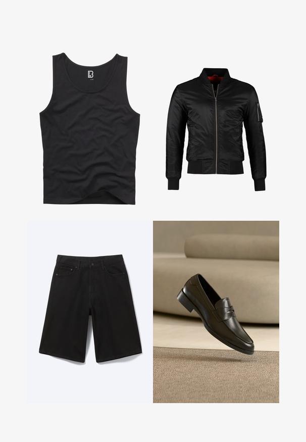 Schwarze Bomberjacke aus glänzendem Nylon mit einem Frontreißverschluss, gerippten Bündchen und einer Reißverschlusstasche am linken Ärmel. Das Innenfutter ist leuchtend rot.; Schwarzes Tanktop aus glattem Stoff, mit einem runden Ausschnitt und Armöffnungen, in einem schlichten Design ohne sichtbare Muster oder Akzente.; Schwarze knielange Jeansshorts mit Frontknopf, Gürtelschlaufen und fünf Taschen, dargestellt vor weißem Hintergrund.; Schwarzer Leder-Slipper, der über einem beigen Teppich schwebt, mit einem beigen Sofa im Hintergrund, und zeigt das klassische Herren-Design zum Hineinschlüpfen.
