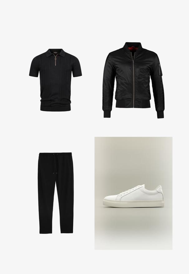 Veste bomber noire en nylon brillant avec une fermeture éclair à l'avant, des poignets côtelés et une poche zippée sur la manche gauche. L'intérieur est de couleur rouge vif.; Polo shirt en maille noire à manches courtes avec des rayures verticales texturées et une fermeture éclair demi-zip avec une languette ronde au col.; Marks & Spencer DRAWSTRING STRAIGHT LEG JOGGERS - Pantalon de survêtement - black; Baskets blanches basses à lacets sur l’avant et semelle épaisse, vues de côté sur un fond neutre.