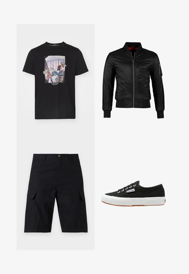 Veste bomber noire en nylon brillant avec une fermeture éclair à l'avant, des poignets côtelés et une poche zippée sur la manche gauche. L'intérieur est de couleur rouge vif.; T-shirt en coton noir arborant un graphique de baskets suspendues à une ligne sur un fond clair, avec le texte "WEEKEND OFFENDER" en dessous.; Short cargo noir longueur genou avec fermeture par bouton à l'avant, passants de ceinture et poches à rabat de chaque côté.; Baskets en toile noires avec semelle en caoutchouc blanc et semelle extérieure en caoutchouc brun. Présente un bout rond, un design à lacets et une petite étiquette logo sur le côté.