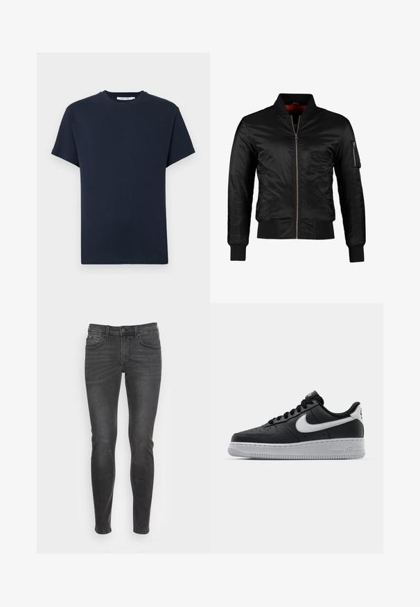 Veste bomber noire en nylon brillant avec une fermeture éclair à l'avant, des poignets côtelés et une poche zippée sur la manche gauche. L'intérieur est de couleur rouge vif.; T-shirt à manches courtes bleu marine foncé en coton, doté d'un col rond et d'une coupe décontractée. Simple, couleur unie sans motifs.; Jeans noirs slim avec une texture lisse, présentant un design classique à cinq poches et un léger dégradé sur le devant.; Baskets en cuir noir avec surface texturée, swoosh Nike blanc, semelle grise, bout rond et design à lacets. Comprend des perforations sur la boîte à orteils.