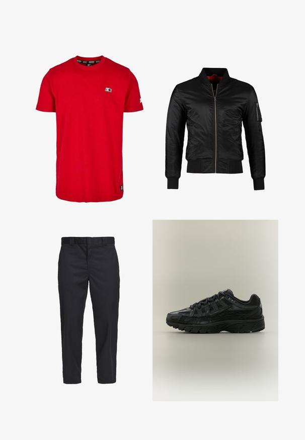 Schwarze Bomberjacke aus glänzendem Nylon mit einem Frontreißverschluss, gerippten Bündchen und einer Reißverschlusstasche am linken Ärmel. Das Innenfutter ist leuchtend rot.; Rotes Baumwoll-T-Shirt mit Rundhalsausschnitt, kurzen Ärmeln und einem kleinen schwarzen Logo auf der linken Brust und dem Ärmel. Glatte, einfarbige Stoffqualität.; Schwarze Chinos aus leichtem Baumwollstoff, mit geradem Schnitt, seitlichen Taschen und einem Knopfverschluss am Bund.; Schwarzer Nike Laufschuh mit Mesh- und synthetischem Obermaterial, Schnürverschluss und strukturierter Sohle, von der linken Seite vor neutralem Hintergrund gezeigt.