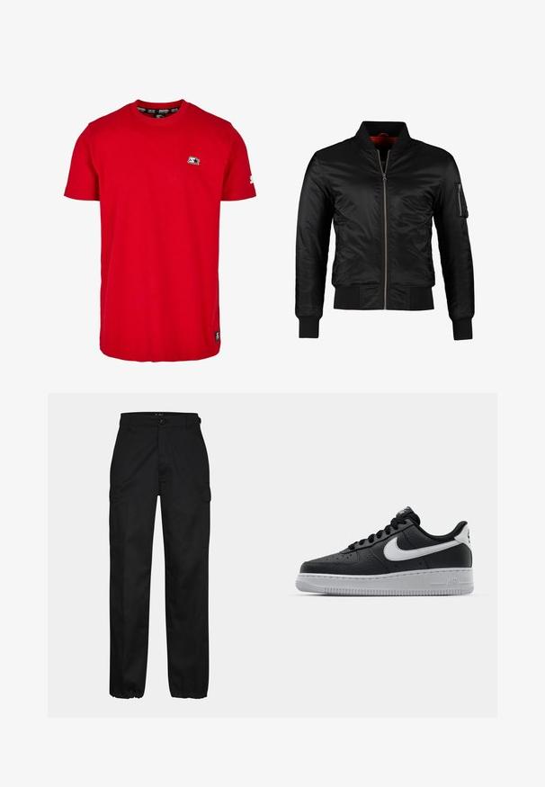Sort bomberjakke lavet af skinnende nylon med frontlynlås, ribbede manchetter og en lynlåslomme på venstre ærme. Indersiden er lys rød.; Rød bomulds t-shirt med rund hals, korte ærmer og et lille sort logo på venstre bryst og ærme. Glat, ensfarvet stof.; Sorte cargo bukser med lige pasform, der har sidelommer, knaplukning og elastiske manchetter ved anklerne. Fremstillet af slidstærkt stof.; Sort lædersneaker med tekstureret overflade, hvid Nike swoosh, grå sål, rund tå og snørebåndsdesign. Har perforeringer på tåboksen.