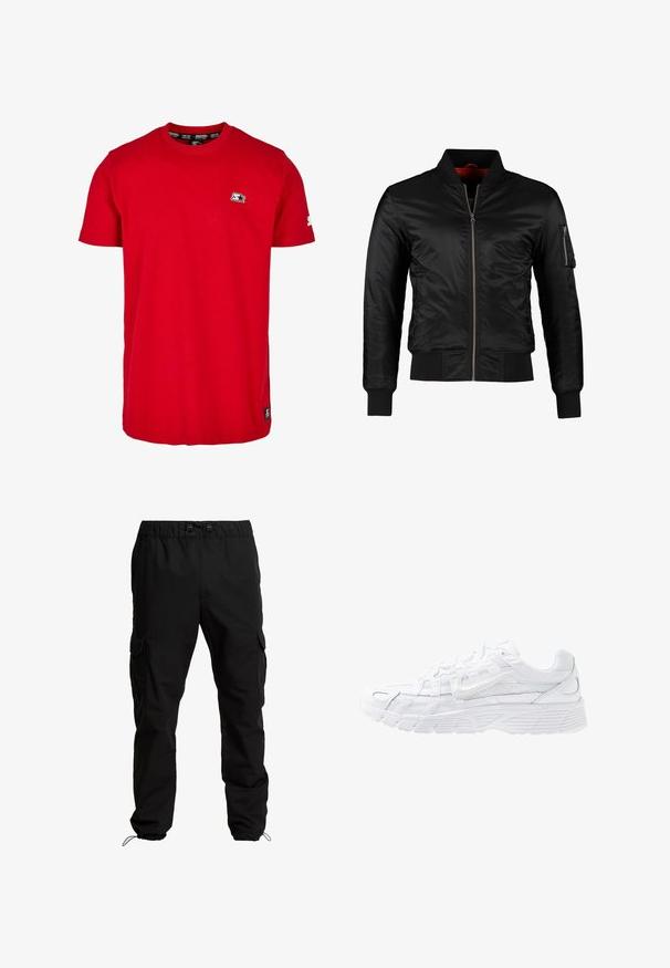 Sort bomberjakke lavet af skinnende nylon med frontlynlås, ribbede manchetter og en lynlåslomme på venstre ærme. Indersiden er lys rød.; Rød bomulds t-shirt med rund hals, korte ærmer og et lille sort logo på venstre bryst og ærme. Glat, ensfarvet stof.; Sorte cargobukser lavet af slidstærkt stof, med elastisk talje, justerbare snore og sidelommer med klaplukninger.; Nike Sportswear P-6000 - Sneakers - white/platinum tint