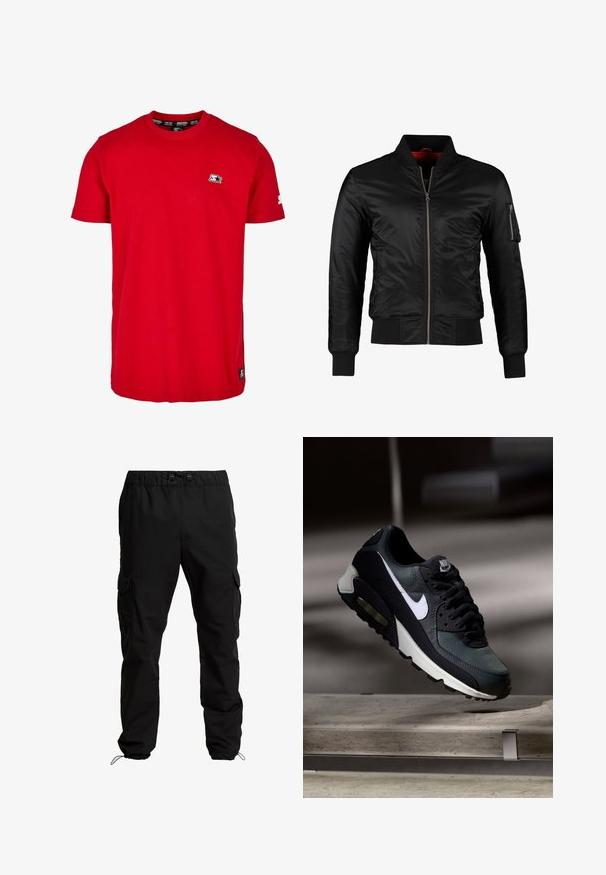Chaqueta bomber negra hecha de nylon brillante con cierre frontal, puños acanalados y un bolsillo con cremallera en la manga izquierda. El interior es de un rojo brillante.; Camisa de algodón roja con cuello redondo, mangas cortas y un pequeño logo negro en el lado izquierdo del pecho y en la manga. Tejido de color sólido y suave.; Pantalones cargo negros hechos de un tejido duradero, con cintura elástica, cordones ajustables y bolsillos laterales con solapa.; Zapatilla Nike Air Max negra y gris con el logo blanco, suspendida sobre una superficie de cemento contra un fondo oscuro y desenfocado.