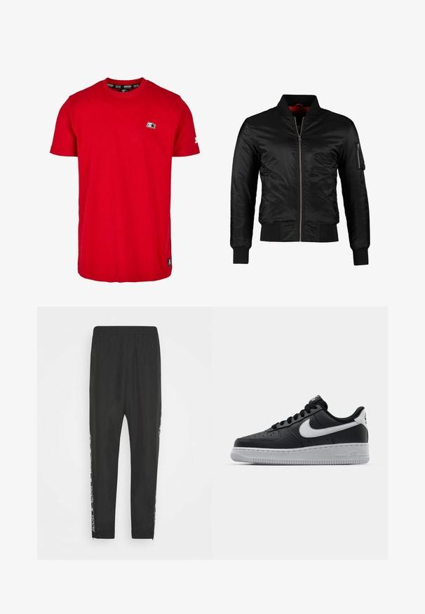 Schwarze Bomberjacke aus glänzendem Nylon mit einem Frontreißverschluss, gerippten Bündchen und einer Reißverschlusstasche am linken Ärmel. Das Innenfutter ist leuchtend rot.; Rotes Baumwoll-T-Shirt mit Rundhalsausschnitt, kurzen Ärmeln und einem kleinen schwarzen Logo auf der linken Brust und dem Ärmel. Glatte, einfarbige Stoffqualität.; Schwarze Sporthose mit elastischem Bund, schmal zulaufenden Beinen und kontrastierenden Seitenstreifen mit grafischem Design. Glatte Textur, leichtes Material.; Schwarze Ledersneaker mit strukturierten Oberflächen, weißem Nike-Swoosh, grauer Sohle, runder Zehenpartie und Schnürdesign. Verfügt über Perforationen an der Zehenbox.
