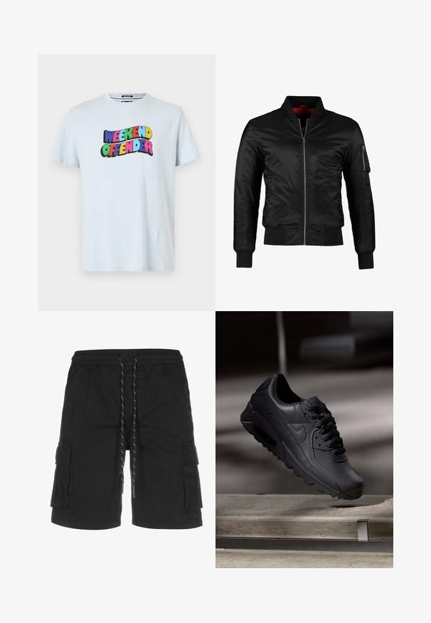 Veste bomber noire en nylon brillant avec une fermeture éclair à l'avant, des poignets côtelés et une poche zippée sur la manche gauche. L'intérieur est de couleur rouge vif.; T-shirt en coton bleu clair présentant un graphique multicolore "WEEKEND OFFENDER" imprimé sur la poitrine avec des polices en gras et ludiques.; Shorts cargo noirs en tissu, avec une taille élastique dotée d'un cordon de serrage, des poches latérales et une coupe droite.; Baskets noirs Nike Air Max avec un dessus en cuir texturé, semelle en caoutchouc et un système de laçage proéminent, mettant en avant un design moderne et épuré.