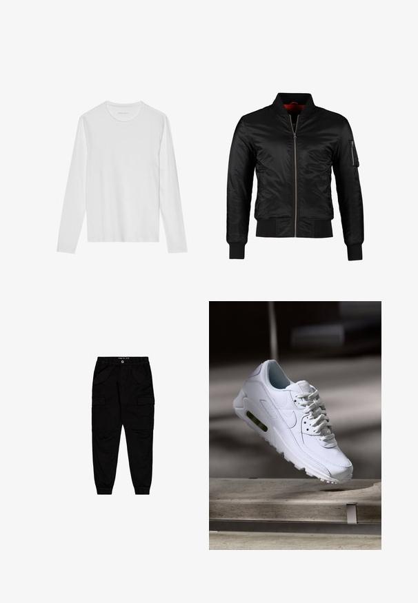Sort bomberjakke lavet af skinnende nylon med frontlynlås, ribbede manchetter og en lynlåslomme på venstre ærme. Indersiden er lys rød.; Langærmet hvid T-shirt lavet af blød bomuld, med rund halsudskæring og en glat tekstur uden synlige mønstre eller accenter.; Sorte cargobukser lavet af bomuld, med to forlommer og to side cargolommer, samt elastiske manchetter og talje.; Hvide lædersneakers med teksturerede overflader, polstret krave og synlig luftpolstring i sålen. Har snørrebånd og et minimalistisk design.