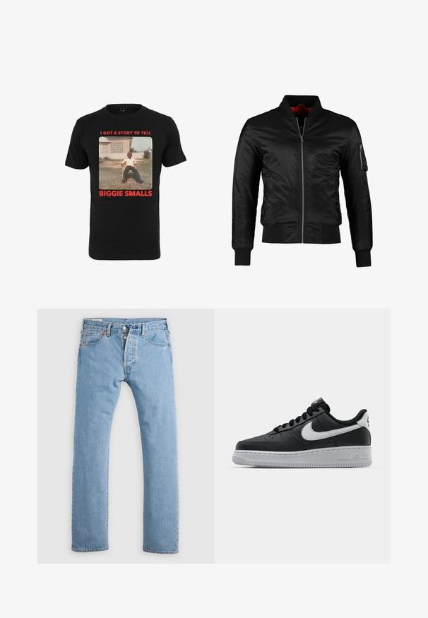 Sort bomberjakke lavet af skinnende nylon med frontlynlås, ribbede manchetter og en lynlåslomme på venstre ærme. Indersiden er lys rød.; Sort bomulds T-shirt med et vintage billede og rød tekst, der står "I GOT A STORY TO TELL BIGGIE SMALLS" under billedet.; Lys blå lige ben denim jeans med knaplukning, bæltestropper og for- og baglommer, vist på en hvid baggrund.; Sort lædersneaker med tekstureret overflade, hvid Nike swoosh, grå sål, rund tå og snørebåndsdesign. Har perforeringer på tåboksen.
