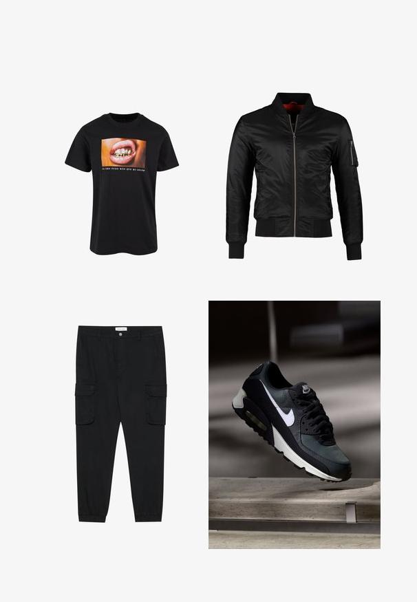 Zwarte bomberjack gemaakt van glanzend nylon met een ritssluiting aan de voorkant, ribgebreide manchetten en een ritszak op de linkermouw. De binnenkant is felrood.; Zwarte katoenen T-shirt met een afbeelding van een open mond met gouden tanden en roze lippen, met witte tekst eronder op een kleurrijke achtergrond.; Zwarte cargobroek met rechte pijpen, elastische boorden en meerdere zijzakken. Gemaakt van een gestructureerde stof met een knoopsluiting.; Zwart-grijze Nike Air Max sneaker met witte swoosh, zwevend boven een betonnen oppervlak tegen een wazige donkere achtergrond.
