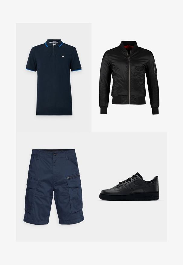 Sort bomberjakke lavet af skinnende nylon med frontlynlås, ribbede manchetter og en lynlåslomme på venstre ærme. Indersiden er lys rød.; Mørkeblå polo-shirt lavet af glat stof, med en lynlåskrave, korte ærmer med blå detaljer og et lille logo på brystet.; Marineblå cargo shorts med flere lommer, lynlåsdekor og knaplukning. Fremstillet af et holdbart, let stof for alsidighed.; Sort Nike Air Force 1 sneaker med en glat læderoverdel, perforeret tå for åndbarhed, sorte snørebånd og en textured gummisål.
