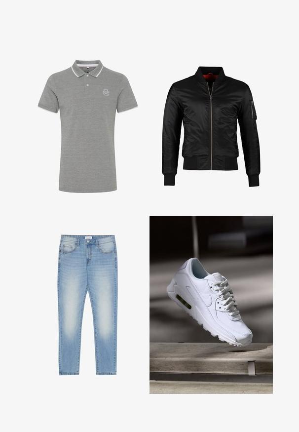 Veste bomber noire en nylon brillant avec une fermeture éclair à l'avant, des poignets côtelés et une poche zippée sur la manche gauche. L'intérieur est de couleur rouge vif.; Polo gris à manches courtes avec une bordure blanche sur le col et les manches, deux boutons et un petit logo blanc sur la poitrine avec l’inscription « BLEND DENIM WITH ATTITUDE. »; Jean en denim bleu clair avec une coupe regular, design à cinq poches, légère patine à l'avant et finition jambe droite.; Baskets blanches en cuir avec des surfaces texturées, un col rembourré et un amorti d'air visible dans la semelle. Elles possèdent des lacets et un design minimaliste.