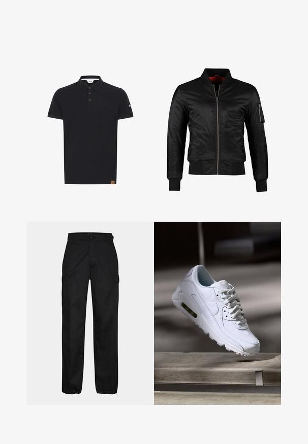 Chaqueta bomber negra hecha de nylon brillante con cierre frontal, puños acanalados y un bolsillo con cremallera en la manga izquierda. El interior es de un rojo brillante.; Camisa polo negra de color sólido, con un cuello clásico, tapeta de tres botones marrones y un parche texturizado con el logo en la manga.; Pantalones cargo negros con corte recto, con bolsillos laterales, cierre de botón y puños elásticos en los tobillos. Fabricados con material resistente.; Zapatilla blanca de piel con superficies texturizadas, cuello acolchado y amortiguación de aire visible en la suela. Presenta cordones y un diseño minimalista.