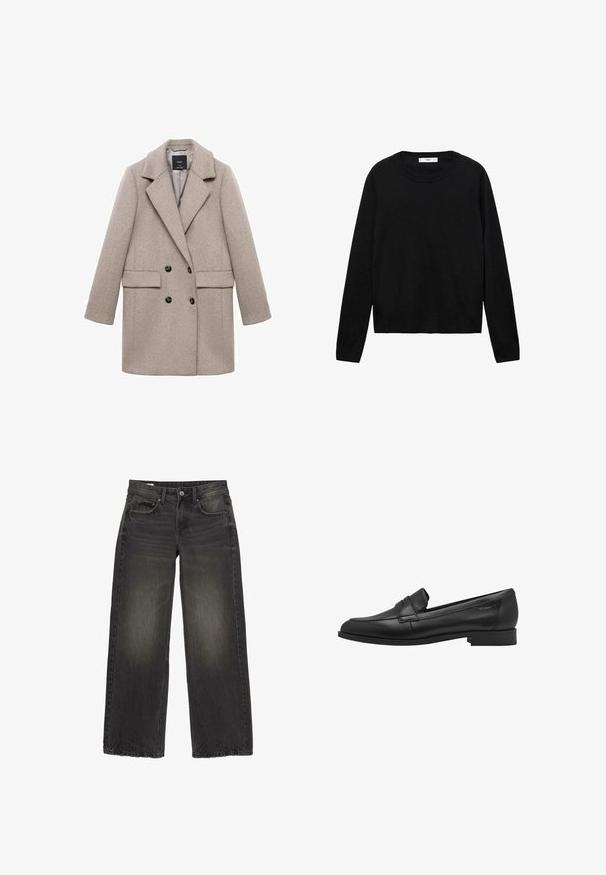 Dobbeltbrystet beige uldfrakke med store klapper, to frontlommer og sorte knapper. Glat tekstur og struktureret form.; Sort langærmet sweater lavet af blødt materiale med rund hals og ribbede manchetter, med et enkelt og lige snit design.; Sorte jeans med brede ben, falmede detaljer, knap foran, lynlås og fem lommer lagt fladt på en hvid baggrund.; Sort læder loafersko med en glat tekstur, rund tå og en lille hævet stroppedesign. Har en lav, solid hæl.