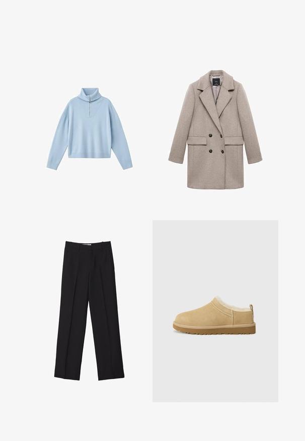Dobbeltbrystet beige uldfrakke med store klapper, to frontlommer og sorte knapper. Glat tekstur og struktureret form.; Lyseblå sweater med høj krave, halv lynlås og sænkede skuldre. Fremstillet af blødt strikstof med løs pasform.; Sorte skræddersyede bukser med lige ben-design, der har dobbelte folder, en glat tekstur og diskrete forreste sømdetaljer.; Suede slip-on sko i lys tan, med en blød pelsforing og tekstureret gummisål med en let hæl og bagestrop for nem påklædning.