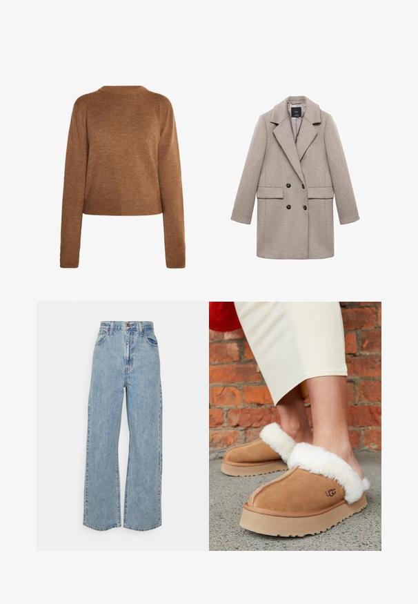 Dobbeltbrystet beige uldfrakke med store klapper, to frontlommer og sorte knapper. Glat tekstur og struktureret form.; Brun strikket sweater med lange ærmer, en rund halsudskæring og en kortet kant. Blød tekstur, minimalistisk design og ingen synlige mønstre.; Lyseblå vidde denimjeans med høj talje, frontknap, lynlås og femlomme-design på ensfarvet baggrund.; Brune svineskinds slippers med hvidt shearling-trim. Tyk mellemsål og tekstureret ydersål. UGG-logo synligt på siden. Løs pasform til afslappet brug.