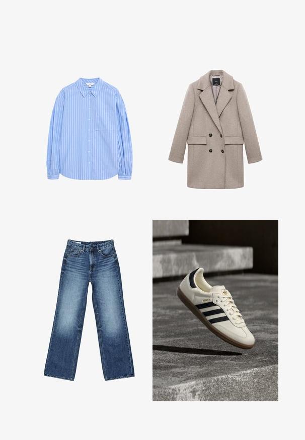 Dobbeltbrystet beige uldfrakke med store klapper, to frontlommer og sorte knapper. Glat tekstur og struktureret form.; Lys blå langærmet skjorte med knapper, hvide lodrette striber, kravedesign, en lomme på venstre bryst og sammenfaldne ærmer ved manchetterne.; Blå denimjeans med falmet vask på lårene, lige bred ben-snit, foran med knap, lynlås og fem-lomme-stil.; Hvid Adidas Samba sneaker med sorte striber og gummsål, svævende over teksturerede grå betonstrin.