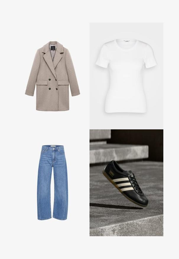 Dobbeltbrystet beige uldfrakke med store klapper, to frontlommer og sorte knapper. Glat tekstur og struktureret form.; Hvid bomulds T-shirt med korte ærmer, rund halsudskæring og ribbet tekstur. Tætsiddende design med en glat, ren finish.; Lyseblå denim wide-leg jeans med høj talje, der har en knap- og lynlåslukning, fem lommer og subtile falmede detaljer.; Sort lædersneaker med hvidt trestribet design, teksturerede detaljer, sorte snørebånd og en gum-sål. Brandlogo synligt på tungen.