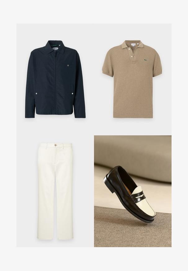 Navyblå letvægtsjakke med spids krave, fuld lynlås foran og en brystlomme. Har trykknapper på lommerne.; Kortærmet beige polo-shirt med struktureret strik, tre-knaps knaplukning og grønt broderet logo på venstre bryst.; Beige bomuldsbukser med lige ben, der har forlommer, lukning med knap og diskret sømdetalje.; Sort læderloafer med en cremefarvet vamp og sorte accentstriber, som har en lav hæl og detaljeret syning langs kanterne.