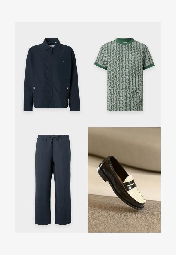 Veste légère bleu marine avec col pointu, fermeture éclair intégrale à l'avant et une poche poitrine. Présente des boutons-pression sur les poches.; Chemise verte à manches courtes avec motif géométrique blanc, col vert et poignets de manches, et un petit logo de crocodile brodé sur la poitrine.; Pantalon de sport bleu marine en matière douce et extensible. Il possède une taille à cordon de serrage, des coutures latérales et une coupe droite.; Mocassin en cuir noir avec un empeigne crème et des rayures noires, présentant un petit talon et des coutures détaillées le long des bords.