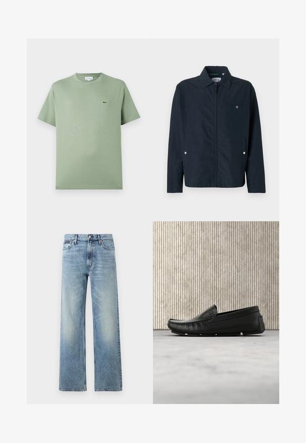 Navyblå letvægtsjakke med spids krave, fuld lynlås foran og en brystlomme. Har trykknapper på lommerne.; Lysegrøn bomulds T-shirt med rund halsudskæring, korte ærmer og et lille logo på venstre bryst. Glat tekstur, standard pasform.; Lyseblå denim jeans med lige ben, højt talje, fem lommer, knaplukning og diskrete falmede områder på lår og knæ.; Sort læderloafer, der svæver over beige tæppegulv ved siden af et rundt, ravfarvet glasbord.