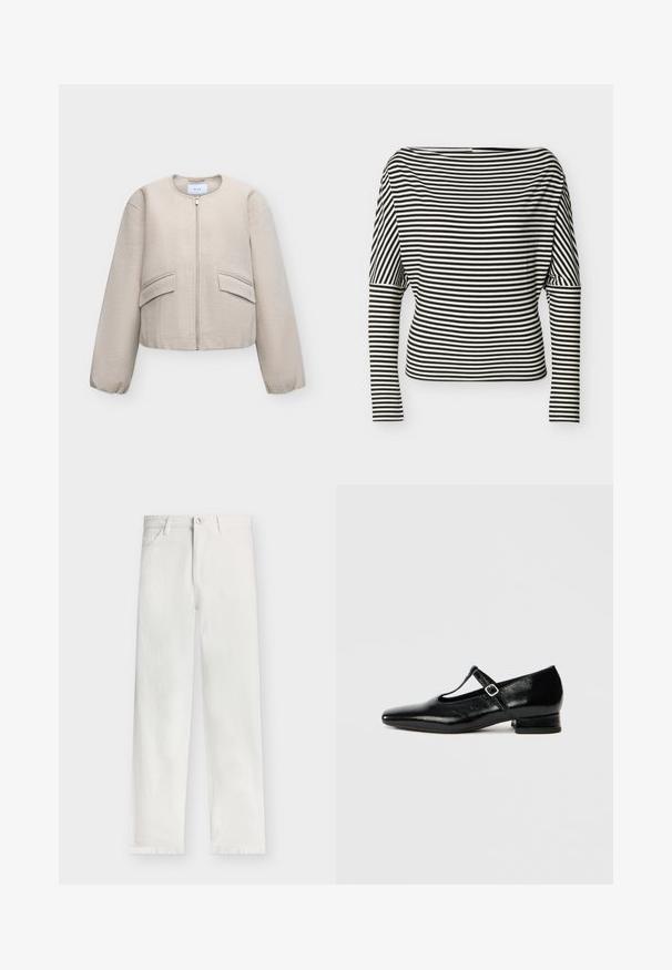 Veste beige zippée avec col rond, manches longues, deux poches avant à rabat et poignets élastiques, présentée sur un fond uni.; Haut à rayures horizontales noires et blanches, manches longues, encolure bateau et manches ajustées sur un fond uni.; Modström PRINCESSMD - Wide Leg - vanilla cream; Chaussures Mary Jane en cuir noir avec bout pointu, petit talon carré et bride ajustable avec une boucle argentée. Texture lisse et brillante.