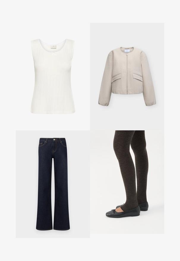 Veste beige zippée avec col rond, manches longues, deux poches avant à rabat et poignets élastiques, présentée sur un fond uni.; Top sans manches blanc avec une texture côtelée, un col rond et une délicate bordure en dentelle agrémentée d'un nœud au centre.; Jean en denim bleu foncé à jambes larges avec poches avant, fermeture par bouton et fermeture éclair, et coutures contrastantes visibles.; Jambes portant des leggings côtelés foncés associés à des ballerines noires avec de petits détails en nœud sur fond blanc.