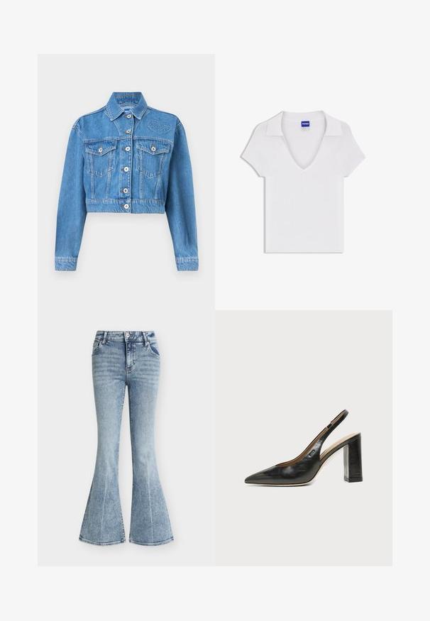 Veste courte en denim bleu avec fermeture à boutons sur le devant, deux poches poitrine à rabat, manches longues, et logo "Hugo" brodé sur le côté gauche supérieur.; Chemise blanche à manches courtes avec col en V et large col, en tissu texturé, avec une étiquette bleue « HUGO » à l'intérieur de l'encolure.; Jean en denim bleu clair taille haute avec un lavage délavé, poches avant, fermeture par bouton et zip, et jambes évasées style pattes d'éléphant.; Chaussure slingback en cuir noir à bout pointu avec un talon bloc haut et une doublure intérieure beige sur un fond clair uni.