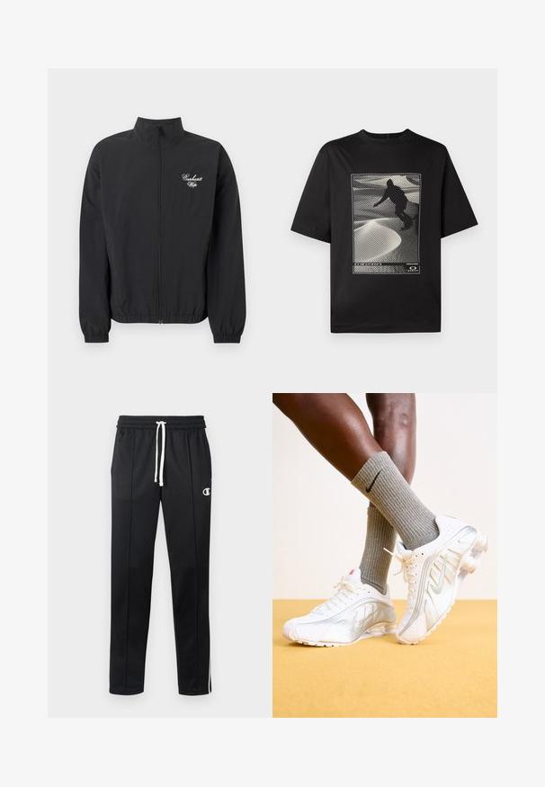 Čierna bunda na zips s elastickými manžetami a lemom, s bielym logom "Carhartt Wip" na ľavej strane hrudníka.; Čierne tričko s krátkym rukávom s grafickou potlačou zobrazenou v siluete postavy na textúrovanej bielej ploche s lineárnymi vzormi.; Čierne športové nohavice s bielym šnúrkovým pásom, bočnými pruhmi, prednými vreckami a malým bielym logom Champion na ľavom stehne.; Biele tenisky Nike so striebornými akcentmi, vybavené textúrovanými panelmi a perforáciami. Spárované so šedými rebrovanými ponožkami, umiestnené na žltom pozadí.