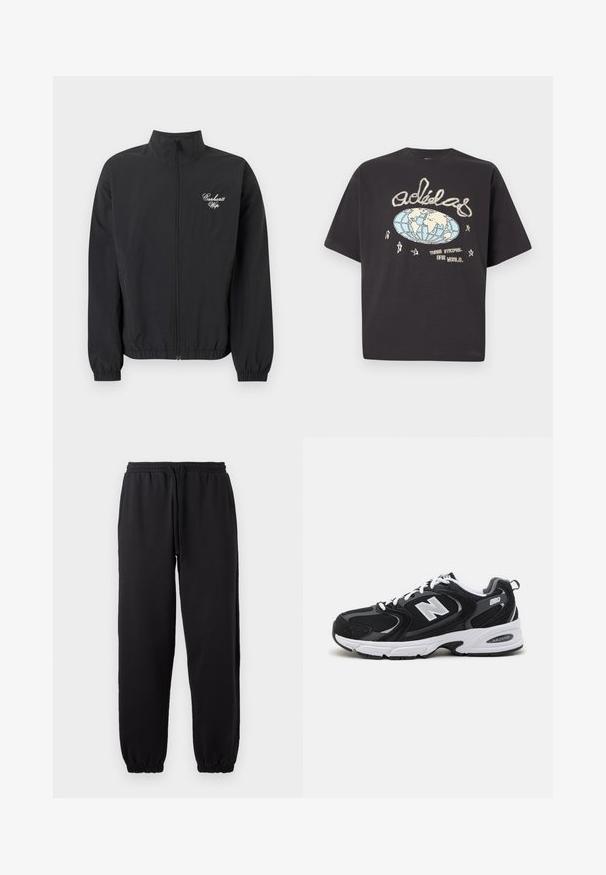 Chaqueta negra con cremallera, puños y dobladillo elásticos, con el logo blanco "Carhartt Wip" en el lado izquierdo del pecho.; Camiseta negra de Adidas con un gráfico de un globo beige y azul, logo de Adidas manuscrito, estrellas y texto "Three Stripes. One World."; Pantalones jogger negros hechos de una tela suave, con cintura elástica y cordón ajustable, y dobladillos en los tobillos.; Zapatillas deportivas en negro y gris con parte superior de malla y ante, que cuentan con una entresuela blanca, cordones y un llamativo logo "N" en el lateral.