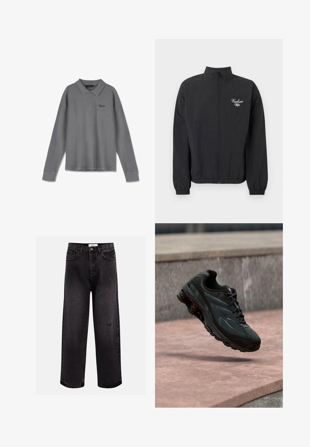 Zwarte jas met ritssluiting, elastische manchetten en zoom, met een wit "Carhartt Wip"-logo op de linkerborst.; Lange mouwen polo in gestreept grijs stof. Heeft een kraag, een knoopsluiting met drie knopen en subtiele zwarte branding op de borst.; Zwarte denim jeans met een wijde pijp, voorzien van vijf zakken, een gestikt tailleband en een subtiele logo-detail bij de knie.; Zwarte atletische sneaker met zichtbare luchtgeveerde tussenzool die boven een roze stenen oppervlak zweeft met een grijze stenen muur op de achtergrond.