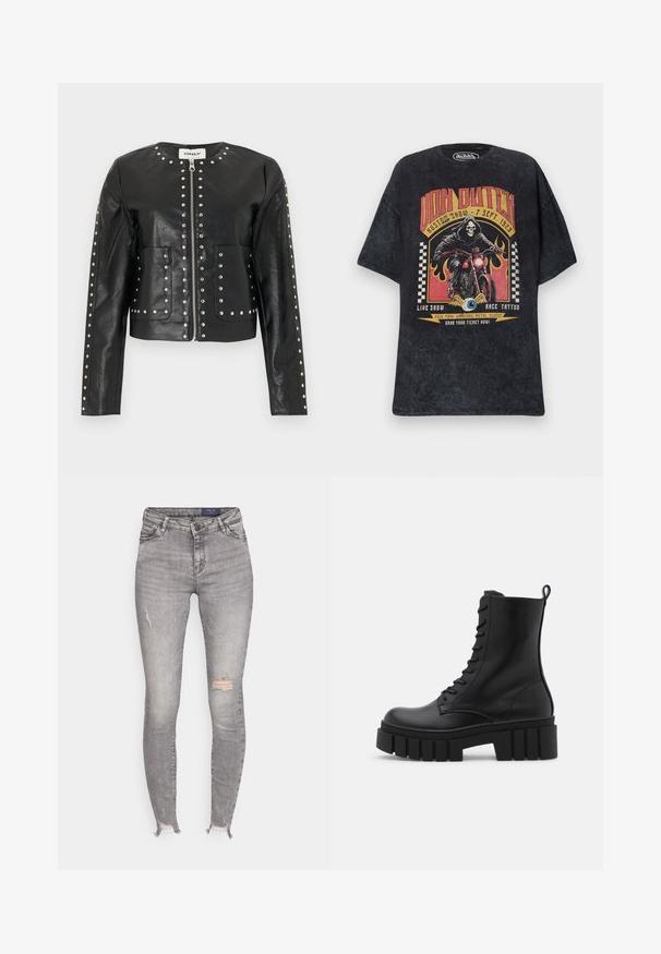 Schwarze Kunstlederjacke mit silbernen Nieten, die Reißverschluss, Kragen, Taschen und Ärmel umranden, mit rundem Ausschnitt und langen Ärmeln.; Schwarzes Von Dutch T-Shirt mit Grafik eines Skeletts auf einem Motorrad, Flammen, karierten Fahnen und Veranstaltungsdetails in Rot und Gelb.; Graue Skinny-Jeans aus Denim mit hoher Taille, mit distressed Akzenten und Löchern sowie einem ausgefransten Saum an den Knöcheln.; Schwarze Lederknöchelstiefel mit klobiger, gerippter Sohle, Schnürung vorne und Zuglasche auf glattem weißen Hintergrund.