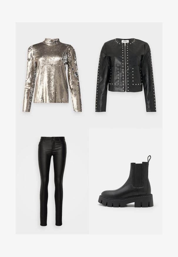 Veste noire en similicuir avec des clous argentés soulignant la fermeture éclair, le col, les poches et les manches, présentant un col rond et des manches longues.; Haut à manches longues et col haut recouvert de sequins argentés. Présente une texture lisse avec une silhouette ajustée et des détails de conception à épaules bouffantes.; ONLY Tall ONLHELLA REG - Jeans Skinny - black; Bottine en cuir noir avec des panneaux latéraux élastiques, semelle chunky texturée et une languette à l'arrière pour un enfilage facile.