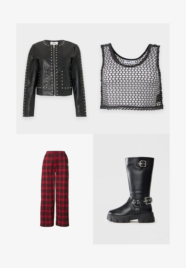 Schwarze Kunstlederjacke mit silbernen Nieten, die Reißverschluss, Kragen, Taschen und Ärmel umranden, mit rundem Ausschnitt und langen Ärmeln.; Schwarzes ärmelloses Crop-Top mit weitem Netzgewebe und gezackten Kanten, flach ausgebreitet mit Blick auf die Vorderseite und die inneren Etikett-Details.; Kariert Pyjamahosen mit rotem und schwarzem Farbschema, elastischem Bund und weitem Bein mit weicher Textur.; Schwarze Lederstiefel bis zur Mitte der Waden mit dicker Profilsohle, zwei silbernen Schnallenriemen – einer oben und einer um den Knöchel.