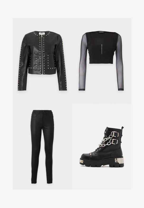 Mustast kunstnahast jope hõbedaste naeltega, mis piiritlevad luku, krae, taskute ja varrukaid, ümmarguse kaeluse ning pikkade varrukatega.; Musthave crop top ruudulise kaelusega, millel on opakne kangas ja läbipaistvad pikad varrukad. Ees oleva tõmbluku sulgemine lisab kujundusele detaili.; Mustad kõrge vöökohaga kitsad teksapüksid esikülje ja tagumise tasku, vööaasade ja nööpklambriga ühevärvilisel taustal.; Koi Footwear SHACKLED SHADOWS HEAVY DUTY CHAIN - Kauboi/mootorratturi poolsaapad - black