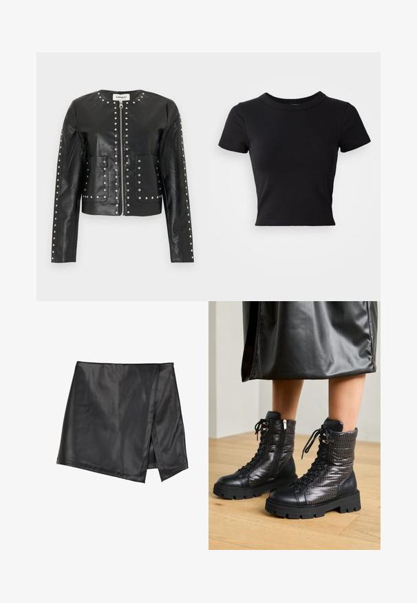 Veste noire en similicuir avec des clous argentés soulignant la fermeture éclair, le col, les poches et les manches, présentant un col rond et des manches longues.; T-shirt noire courte en coton solide, à manches courtes et col rond, avec un design lisse et simple.; Even&Odd by Zalando Minijupe - black; Bottines en cuir noir avec un dessus matelassé texturé, un design à lacets et une semelle en caoutchouc épaisse avec des accents décoratifs.