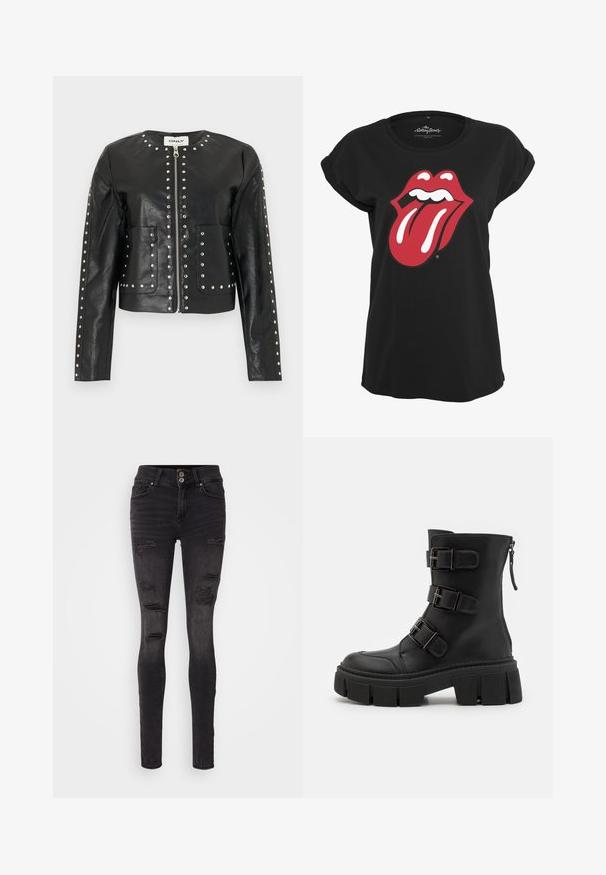 Veste noire en similicuir avec des clous argentés soulignant la fermeture éclair, le col, les poches et les manches, présentant un col rond et des manches longues.; T-shirt noir en coton avec un motif graphique en rouge et blanc du logo des Rolling Stones représentant des lèvres et une langue sur le devant. Encolure ronde.; Jean skinny noir en denim avec un design déchiré comportant plusieurs déchirures et une silhouette ajustée. Fermeture à double bouton à la taille.; Even&Odd Bottines de cowboy / motard - black