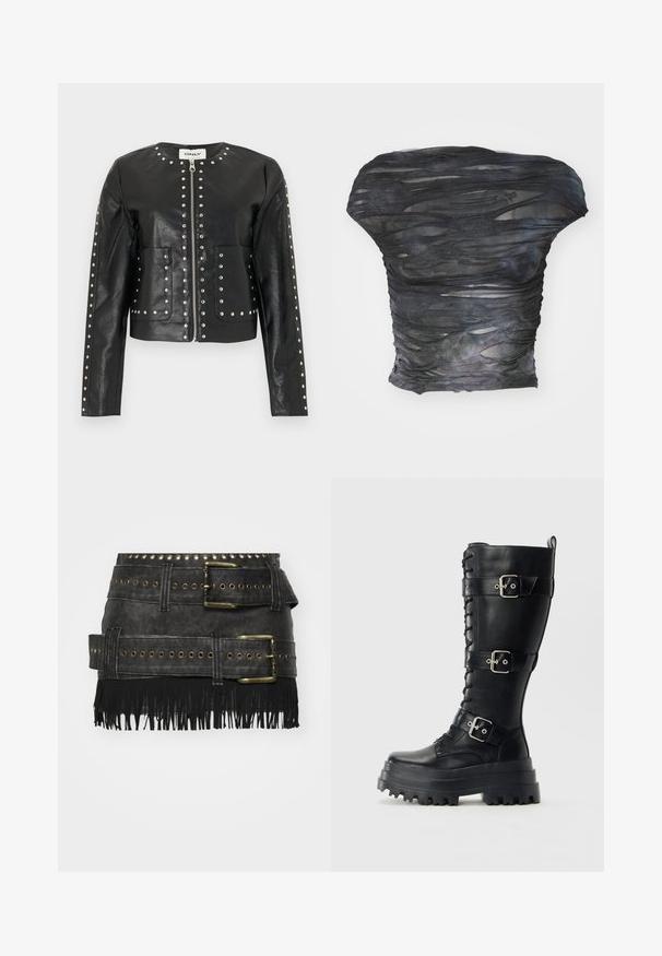 Chaqueta negra de cuero sintético con tachuelas plateadas que delinean la cremallera, el cuello, los bolsillos y las mangas, con escote redondo y mangas largas.; Top negro y translúcido con un diseño texturizado y en capas que presenta cortes horizontales. El material parece ligero con sutiles variaciones de color.; Falda de cuero sintético negro con grandes hebillas metálicas, detalles de ojales y flecos en el dobladillo. Diseño estructurado con múltiples cinturones.; Bota de combate alta de cuero negro con suela gruesa, tres hebillas ajustables y detalles de cordones en la parte frontal sobre un fondo liso.