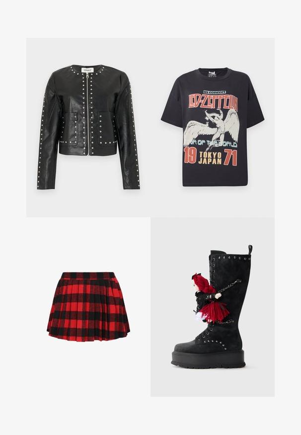 Veste noire en similicuir avec des clous argentés soulignant la fermeture éclair, le col, les poches et les manches, présentant un col rond et des manches longues.; T-shirt noir en coton présentant un grand imprimé graphique d'un ange avec le texte "Led Zeppelin en concert Tour du Monde Tokyo Japon 1971."; Jupe plissée à carreaux rouge et noir avec une taille ajustée, fabriquée en tissu texturé, affichant un motif à carreaux classique.; Bottines noires jusqu'aux genoux avec une semelle épaisse, ornées de clous en argent et d'une poupée aux cheveux en laine rouge attachée par une chaîne sur le côté.