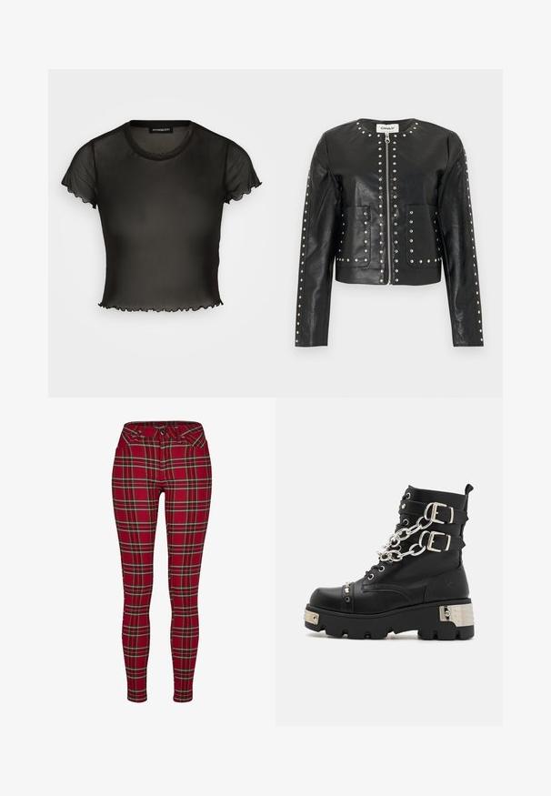 Chaqueta negra de cuero sintético con tachuelas plateadas que delinean la cremallera, el cuello, los bolsillos y las mangas, con escote redondo y mangas largas.; Top negro semitransparente de manga corta con cuello redondo y bordes festoneados. Fabricado con un tejido ligero, el diseño es ajustado y ligeramente corto.; Jeans skinny de cuadros rojos con un diseño ajustado, que cuentan con líneas amarillas y negras, cierre de botón y bolsillos frontales estándar.; Koi Footwear SHACKLED SHADOWS HEAVY DUTY CHAIN - Botines camperos - black